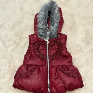 Burgundy Hooded Vest with Faux Fur Trim